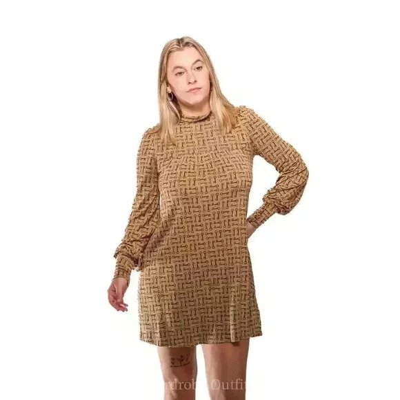 Juicy Couture Brown Silk Key Print Mock Collared Long Sleeve Mini Dress - S - Picture 1 of 9